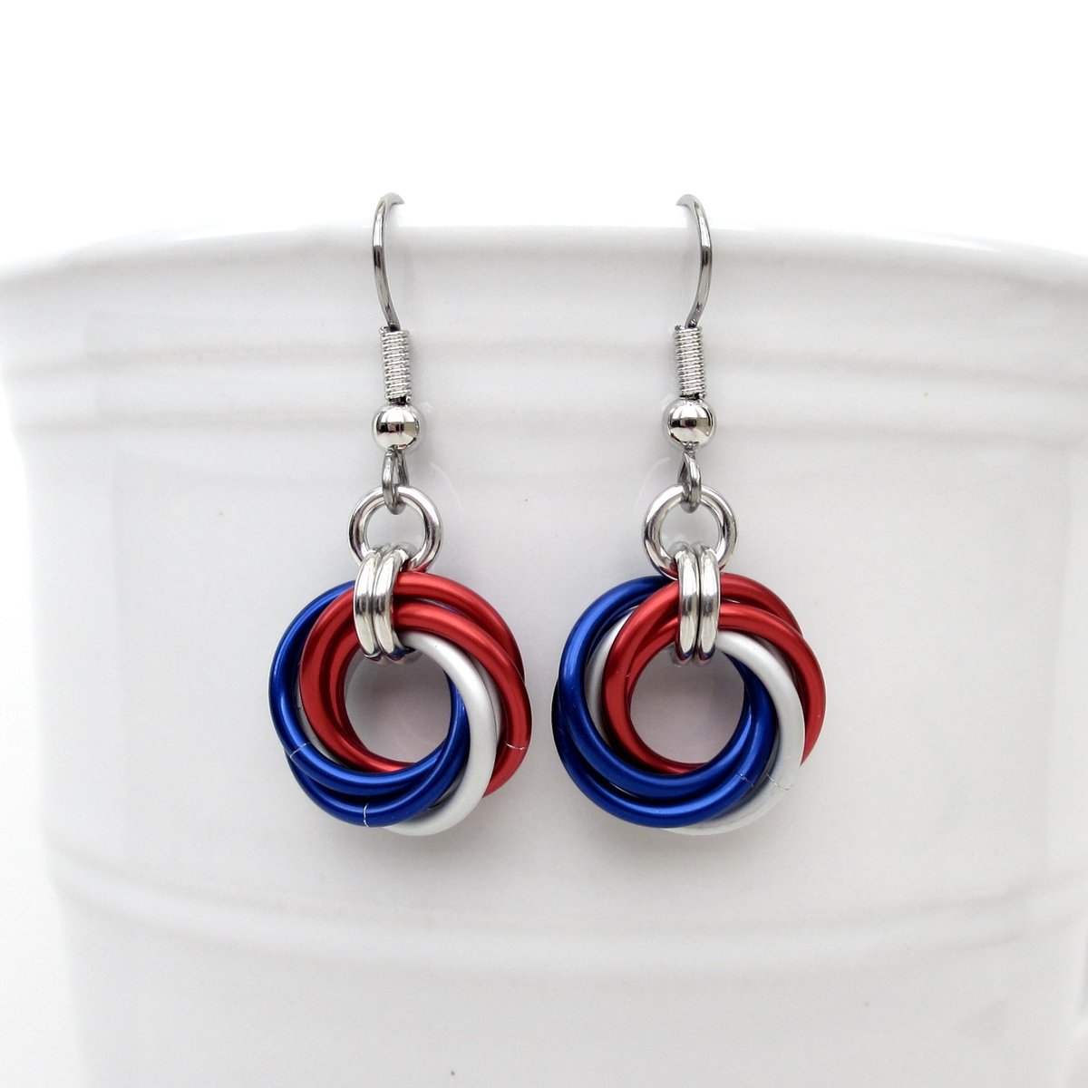 Red, white and blue chainmail Love Knot earrings, American patriotic jewelry