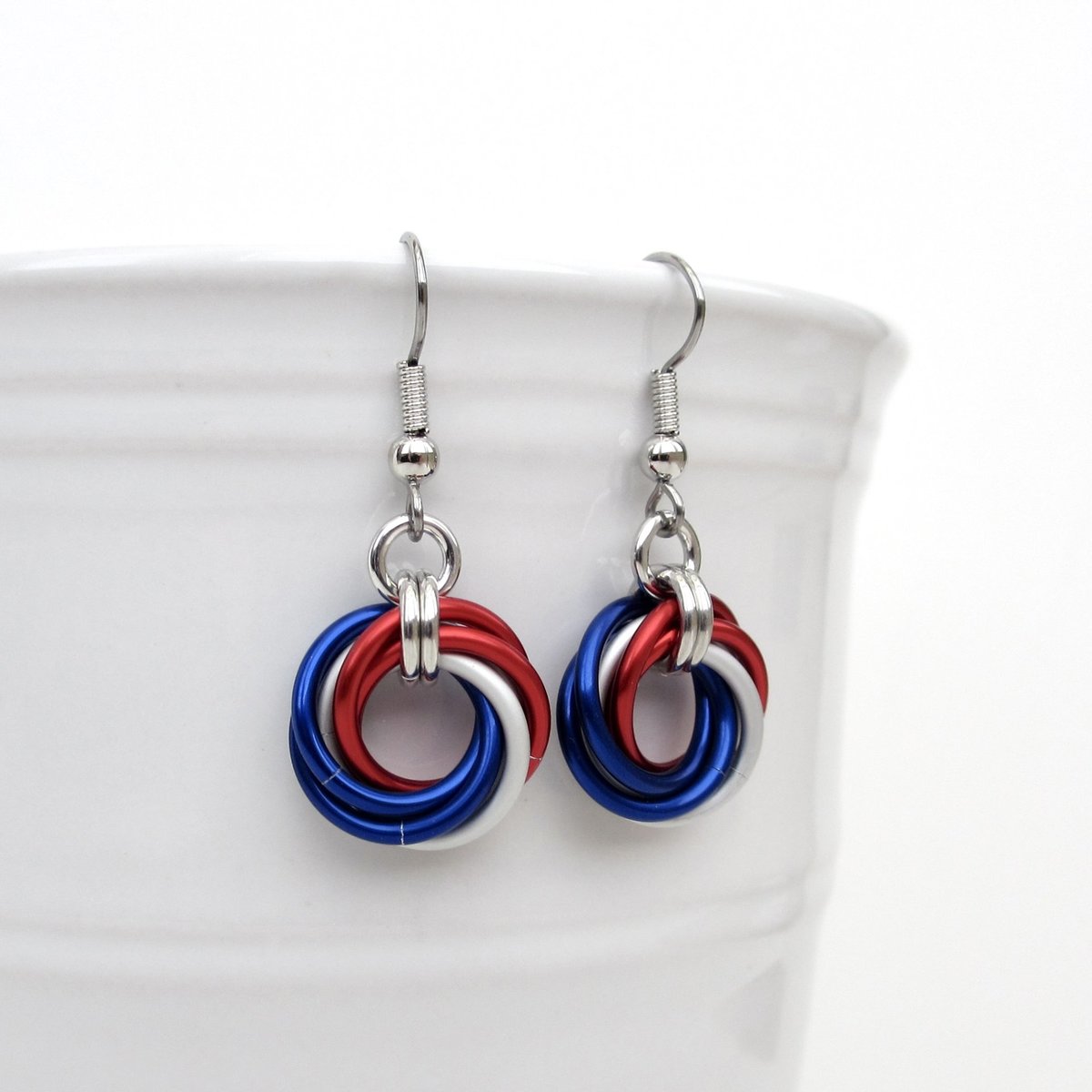 Red, white and blue chainmail Love Knot earrings, American patriotic jewelry