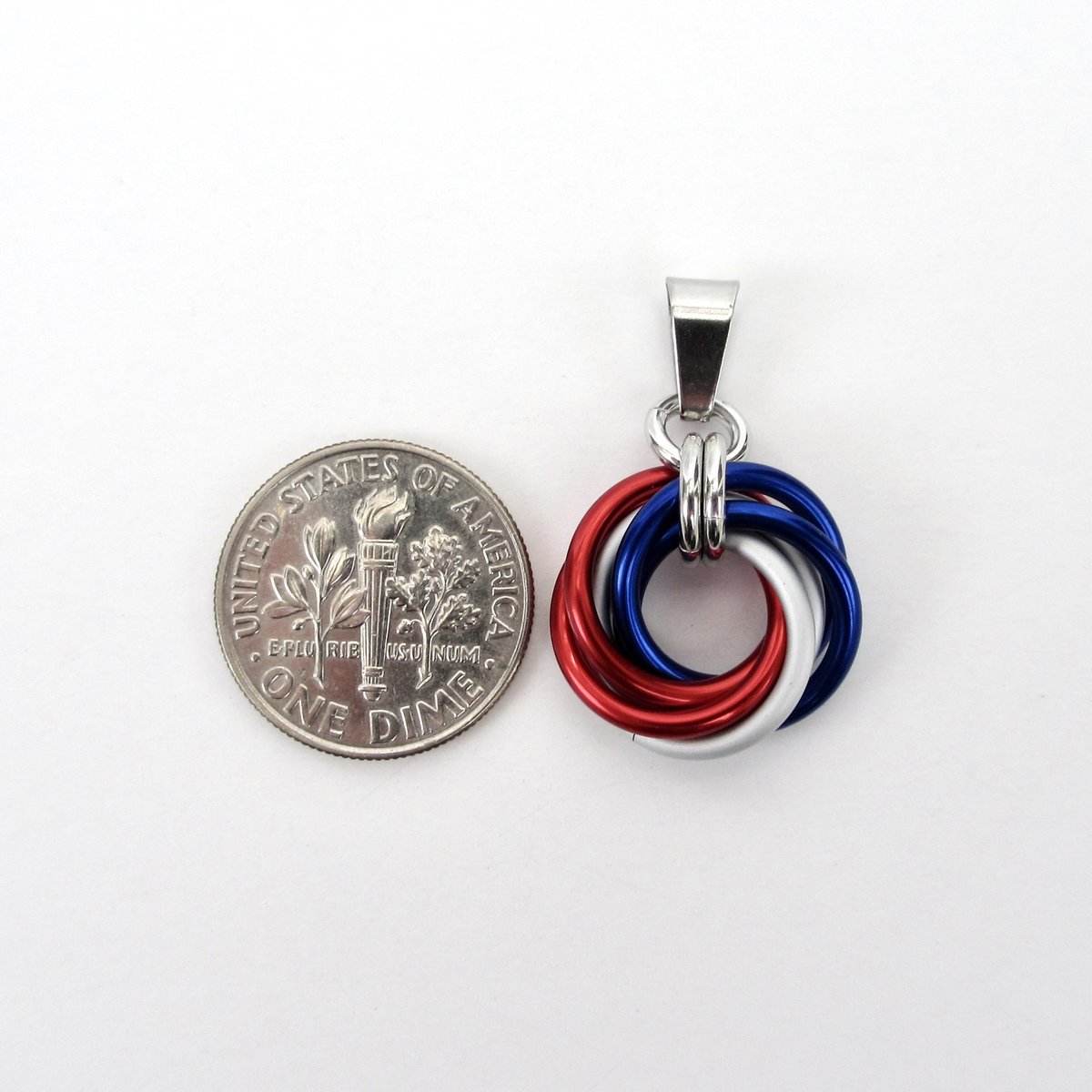 Red, white and blue Love Knot chainmail pendant, USA patriotic jewelry