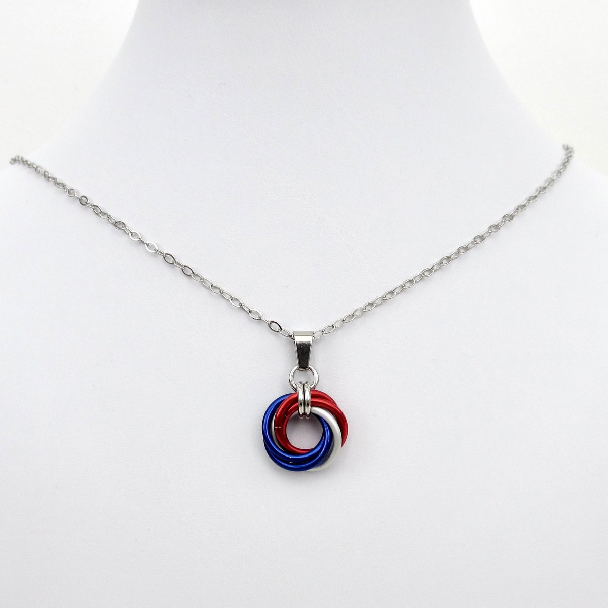 Red, white and blue Love Knot chainmail pendant, USA patriotic jewelry