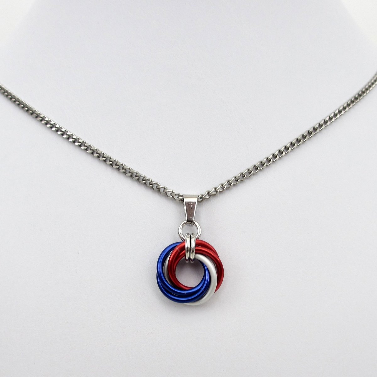 Red, white and blue Love Knot chainmail pendant, USA patriotic jewelry