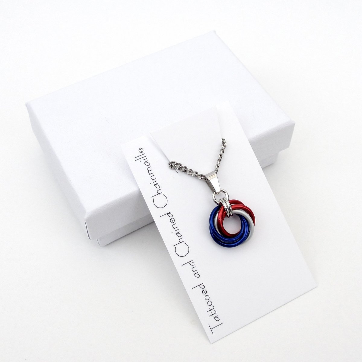 Red, white and blue Love Knot chainmail pendant, USA patriotic jewelry