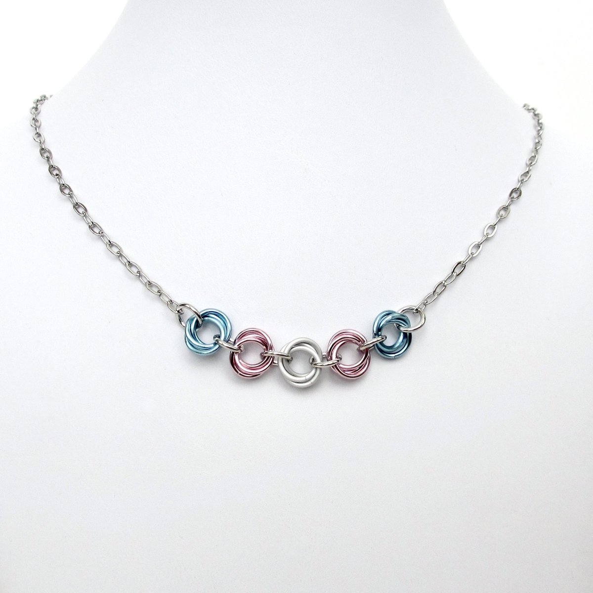 Transgender pride necklace, LGBTQ jewelry, chainmail trans pride love knot necklace