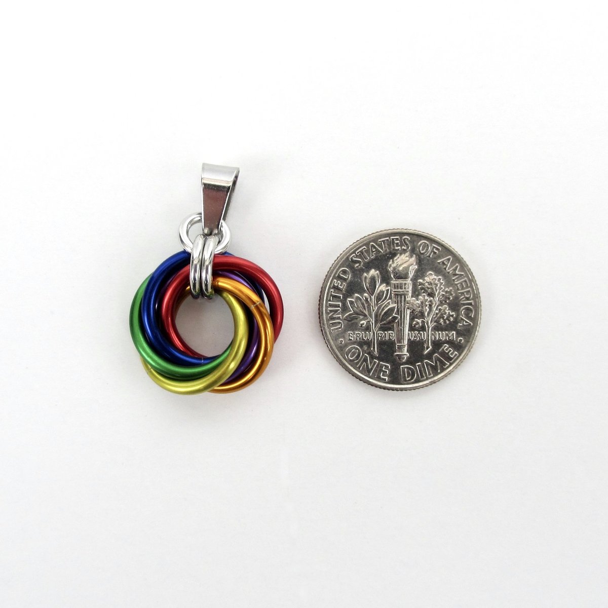 Gay pride pendant necklace, chainmail love knot, rainbow LGBT jewelry
