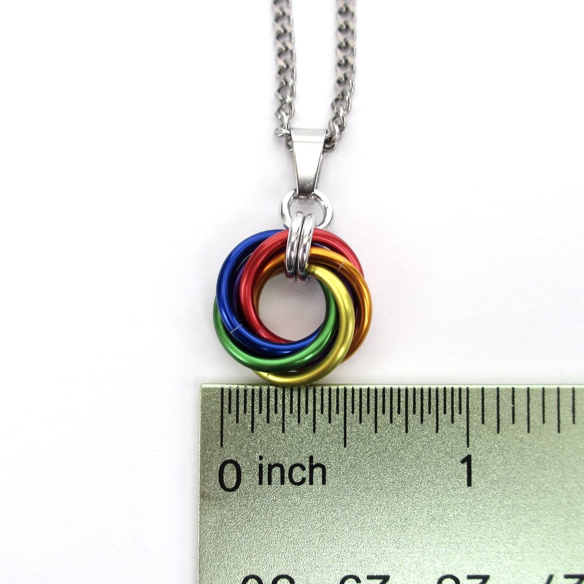 Gay pride pendant necklace, chainmail love knot, rainbow LGBT jewelry