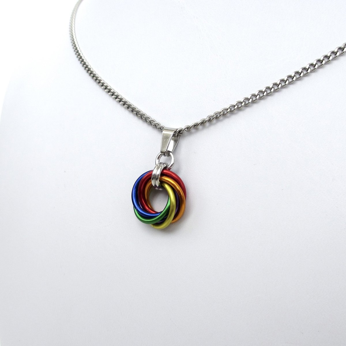 Gay pride pendant necklace, chainmail love knot, rainbow LGBT jewelry