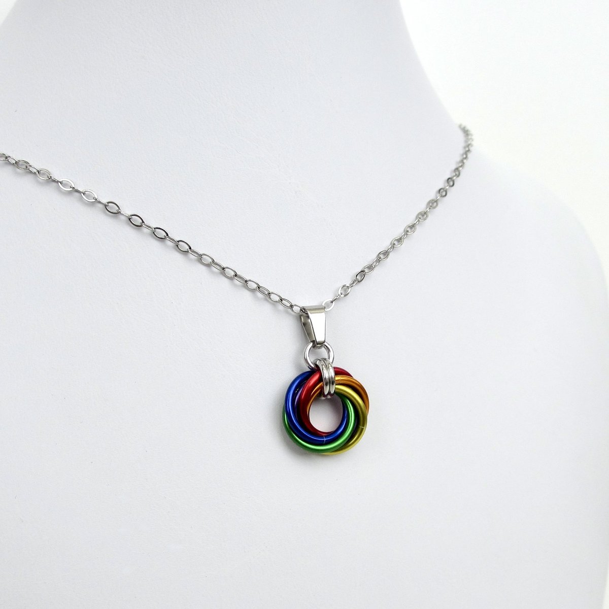 Gay pride pendant necklace, chainmail love knot, rainbow LGBT jewelry