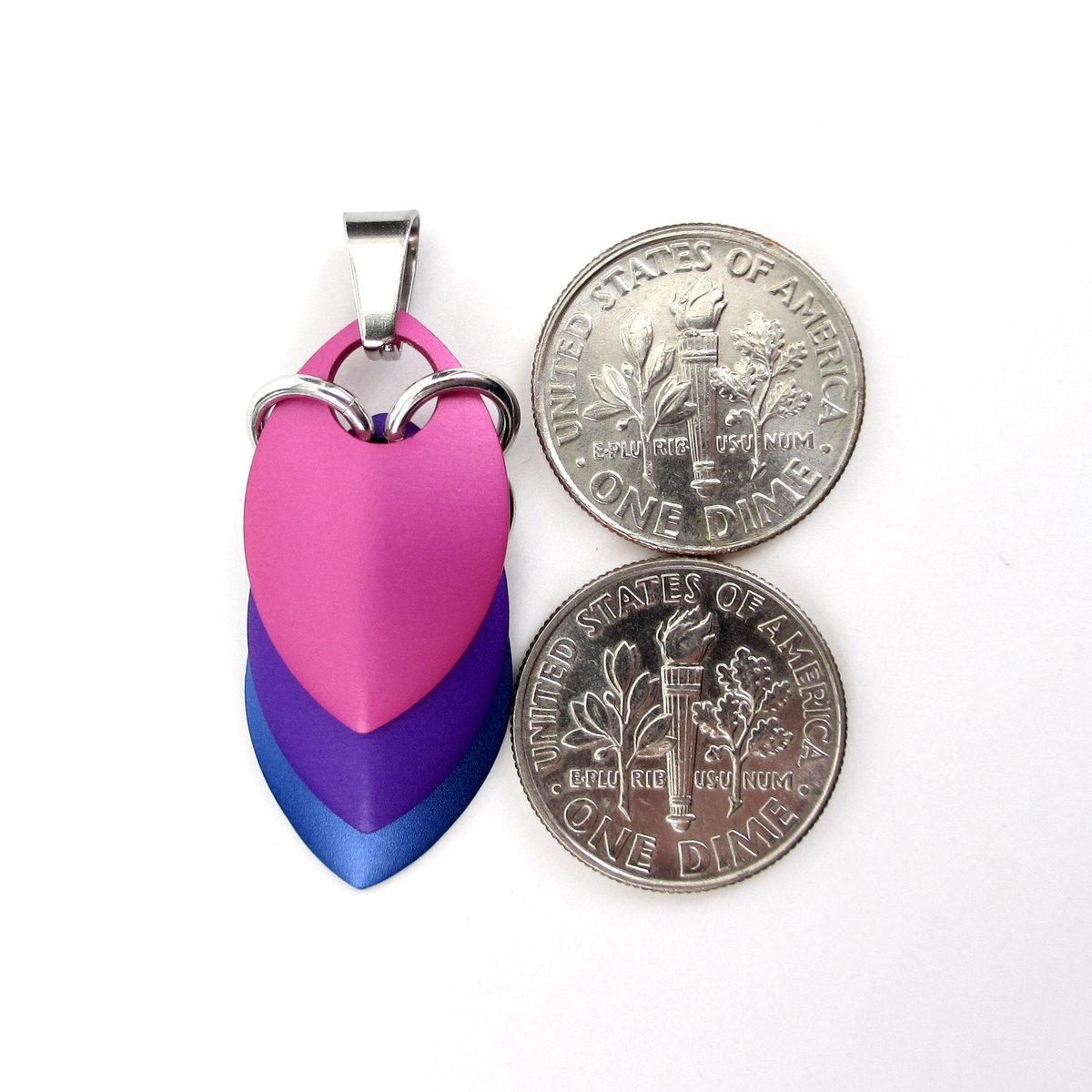 Bi pride pendant necklace, chainmail scale pendant, bisexual jewelry, pink purple blue