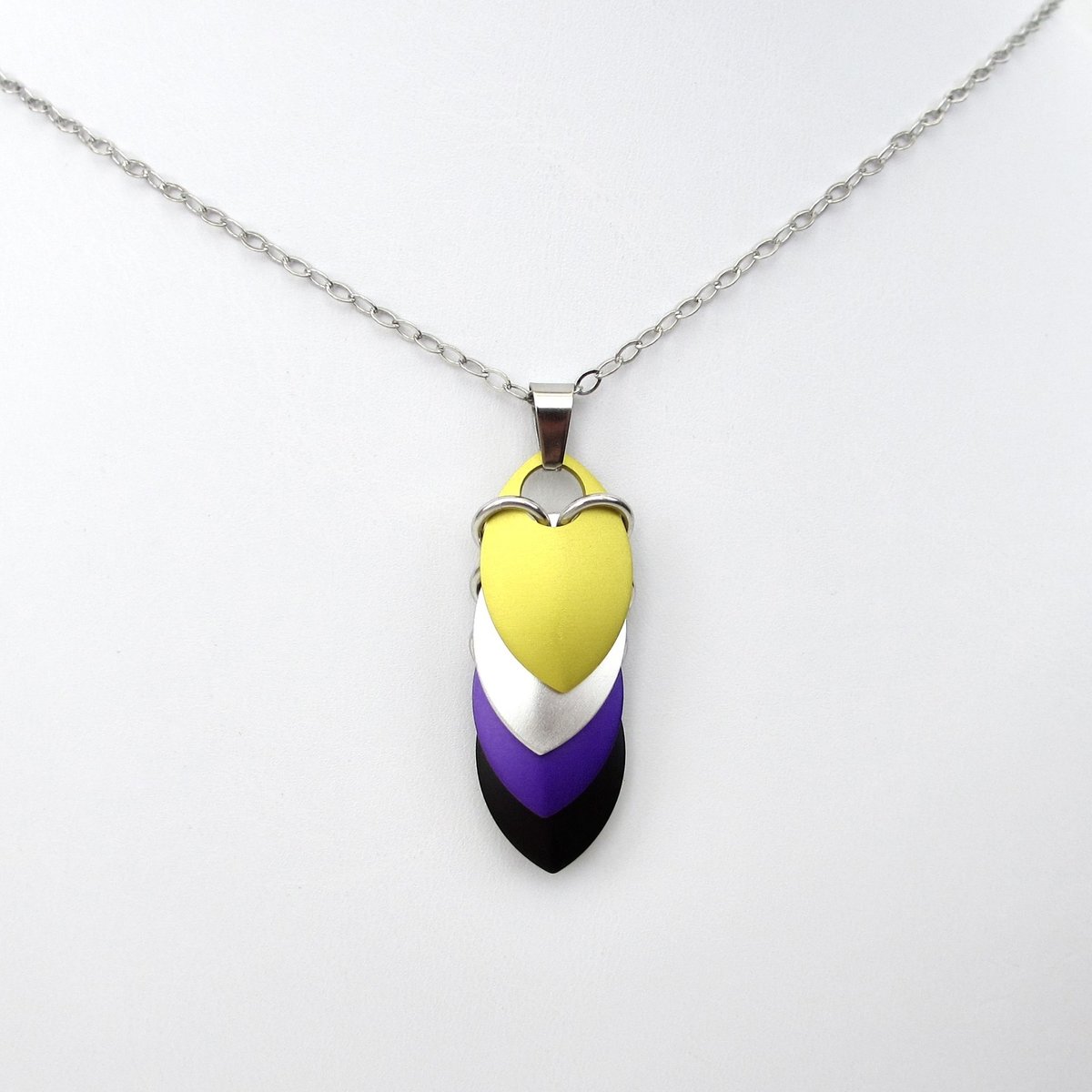 Nonbinary pendant necklace, chainmail scale pendant, pride jewelry; yellow, white, purple, black