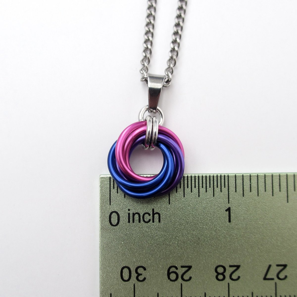 Bi pride pendant necklace, chainmail love knot, bisexual pride jewelry