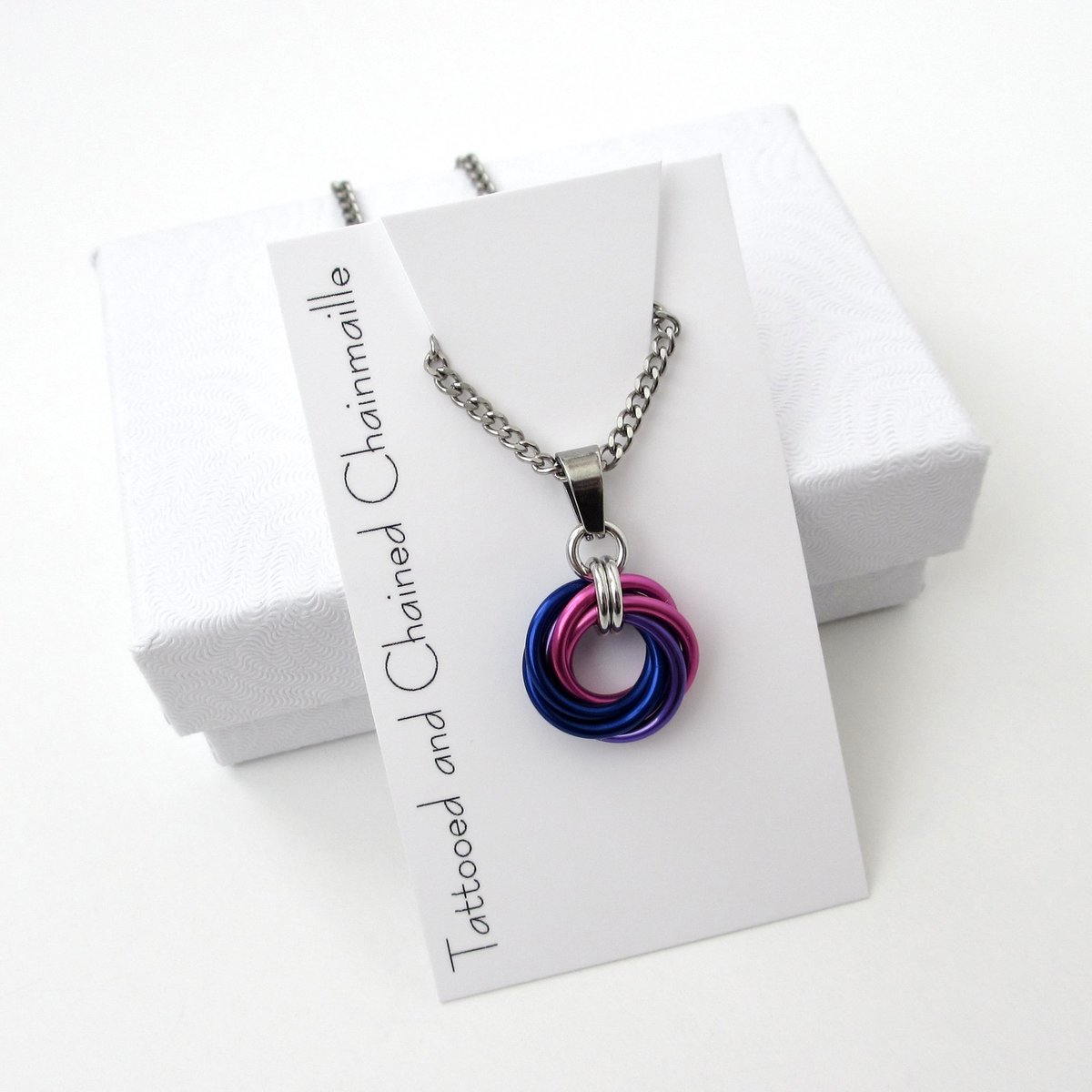 Bi pride pendant necklace, chainmail love knot, bisexual pride jewelry