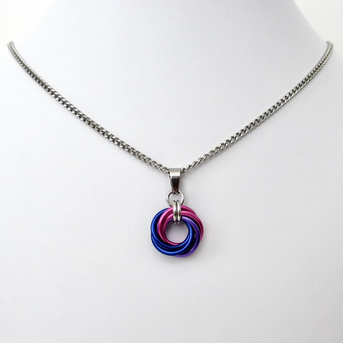 Bi pride pendant necklace, chainmail love knot, bisexual pride jewelry