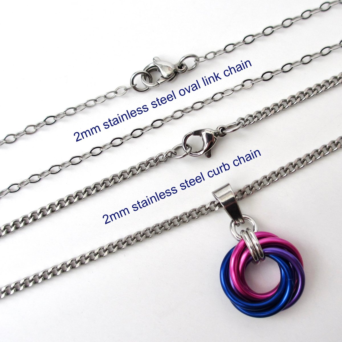 Bi pride pendant necklace, chainmail love knot, bisexual pride jewelry