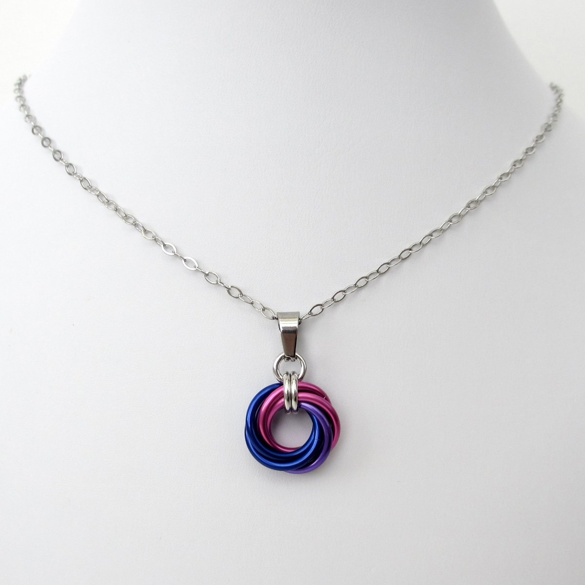 Bi pride pendant necklace, chainmail love knot, bisexual pride jewelry