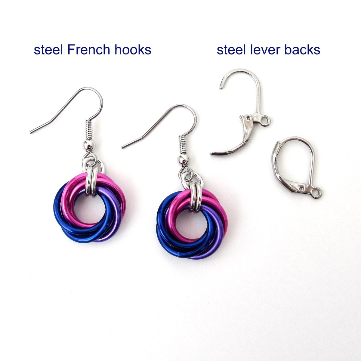 Bisexual pride earrings, love knot chainmail earrings, bi pride jewelry; pink, purple, blue