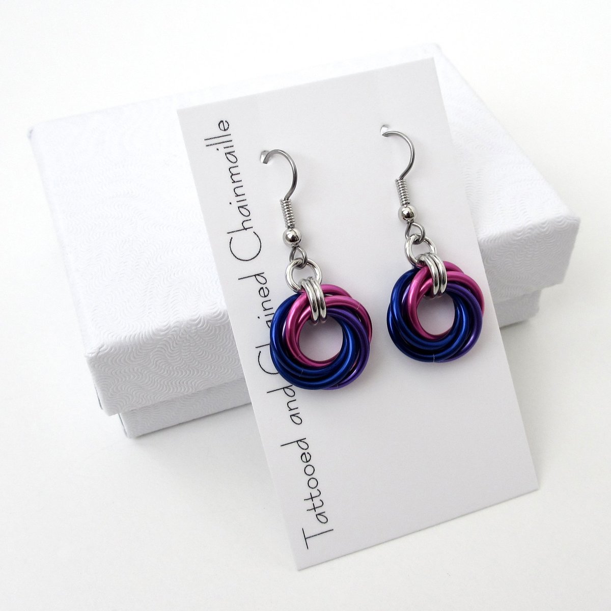 Bisexual pride earrings, love knot chainmail earrings, bi pride jewelry; pink, purple, blue