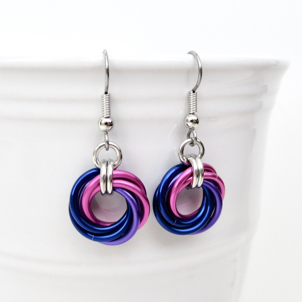 Bisexual pride earrings, love knot chainmail earrings, bi pride jewelry; pink, purple, blue