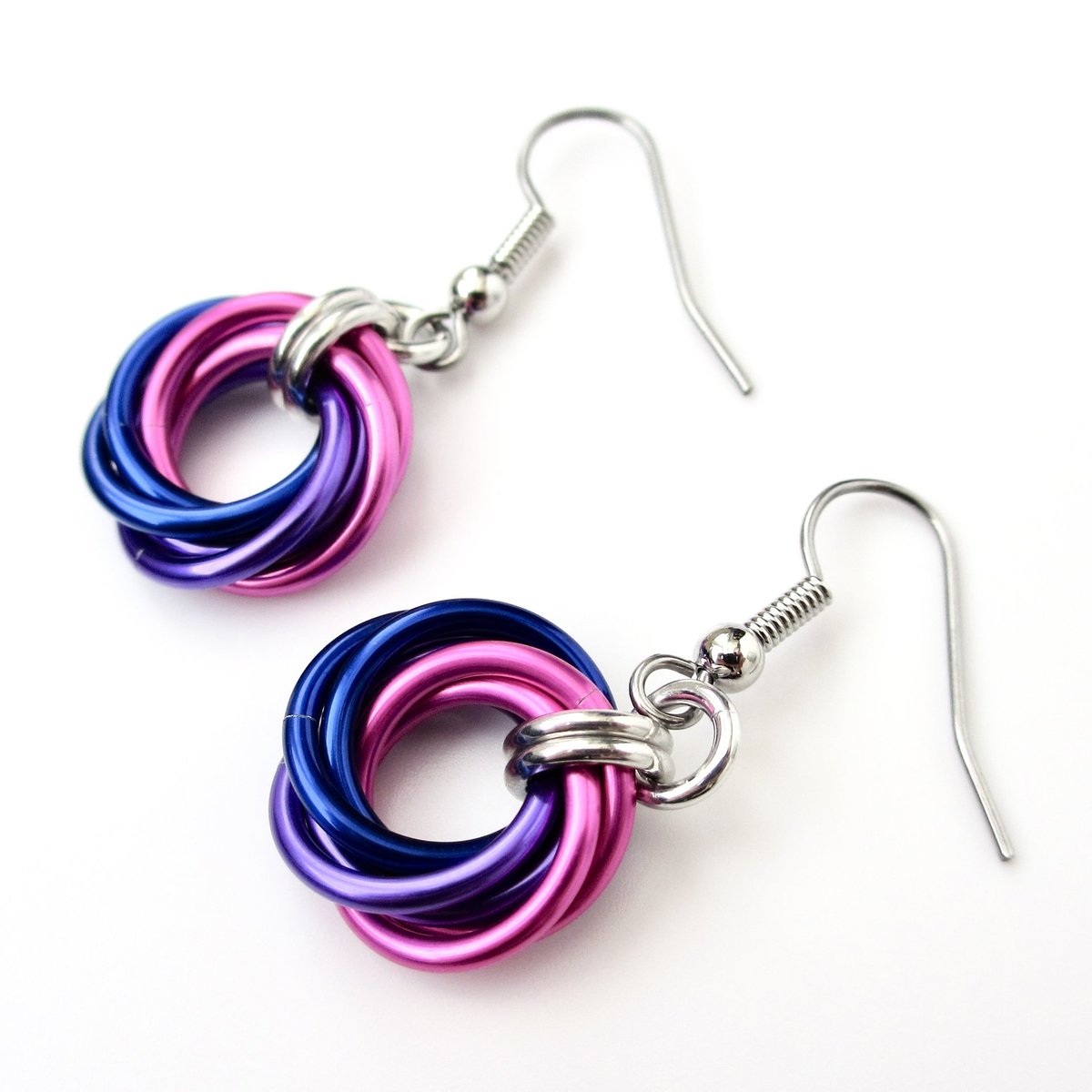 Bisexual pride earrings, love knot chainmail earrings, bi pride jewelry; pink, purple, blue