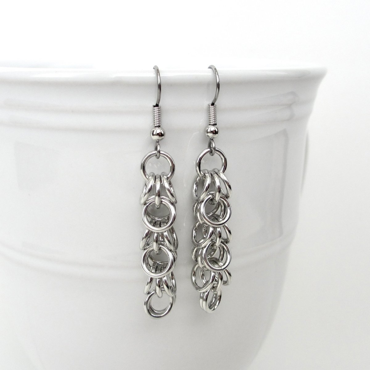 Silver aluminum chainmaille earrings, Shaggy Loops weave