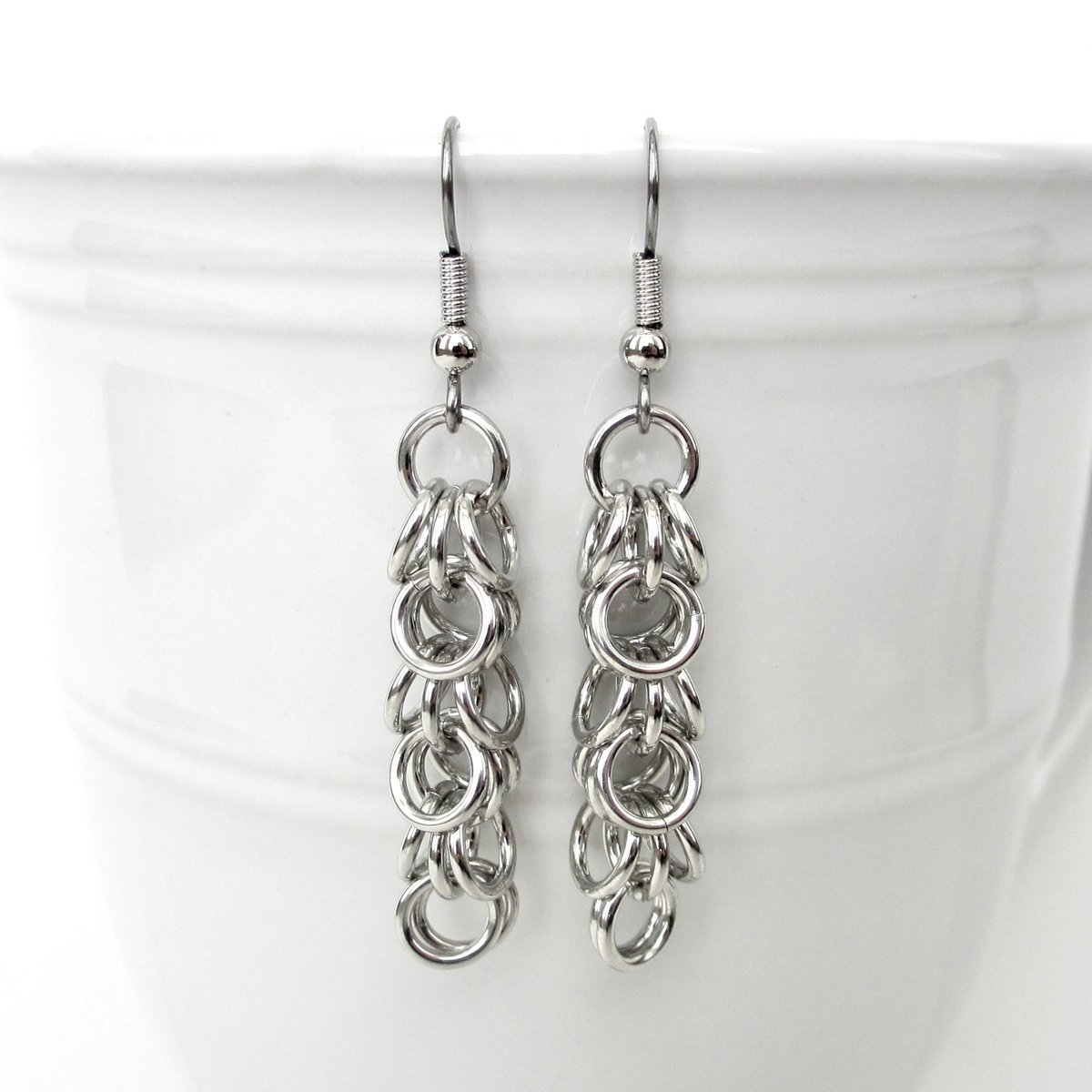 Silver aluminum chainmaille earrings, Shaggy Loops weave