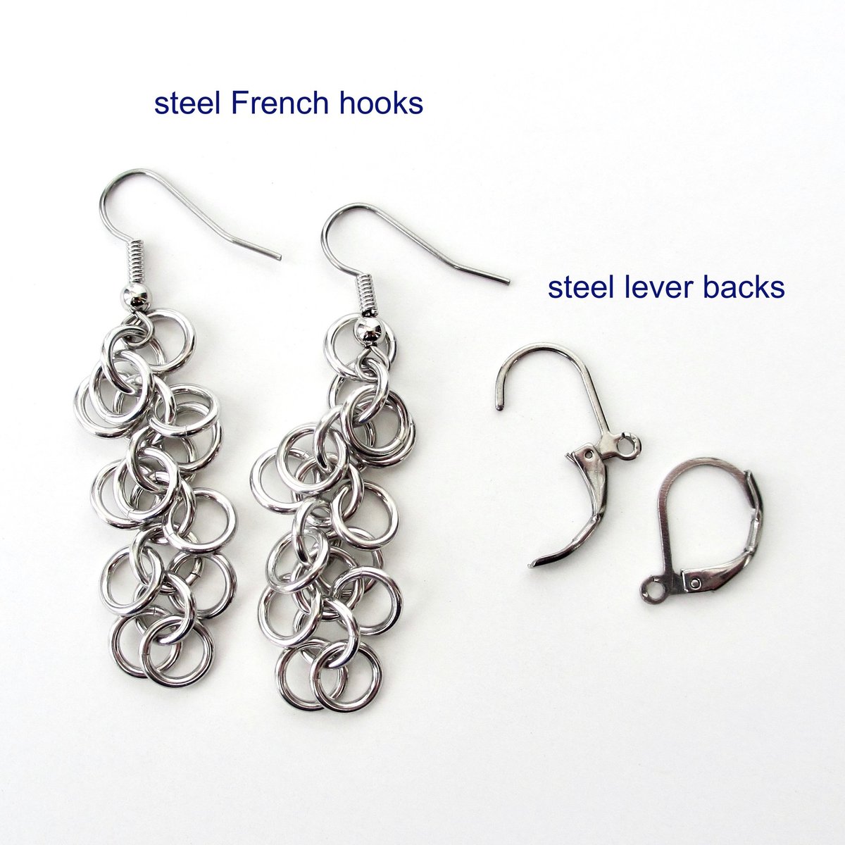 Silver aluminum chainmaille earrings, Shaggy Loops weave