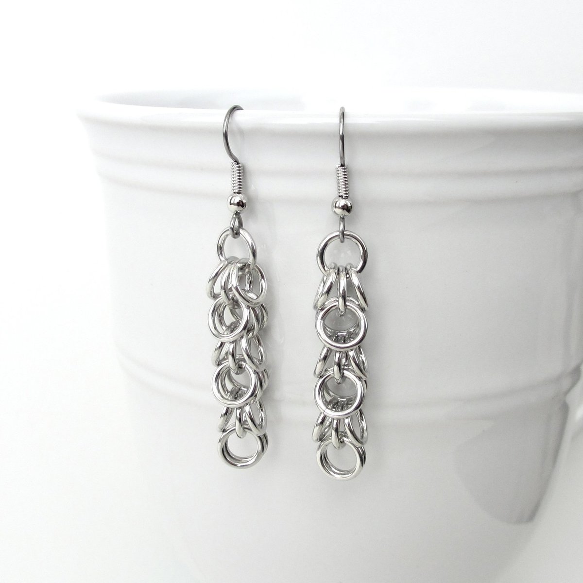 Silver aluminum chainmaille earrings, Shaggy Loops weave
