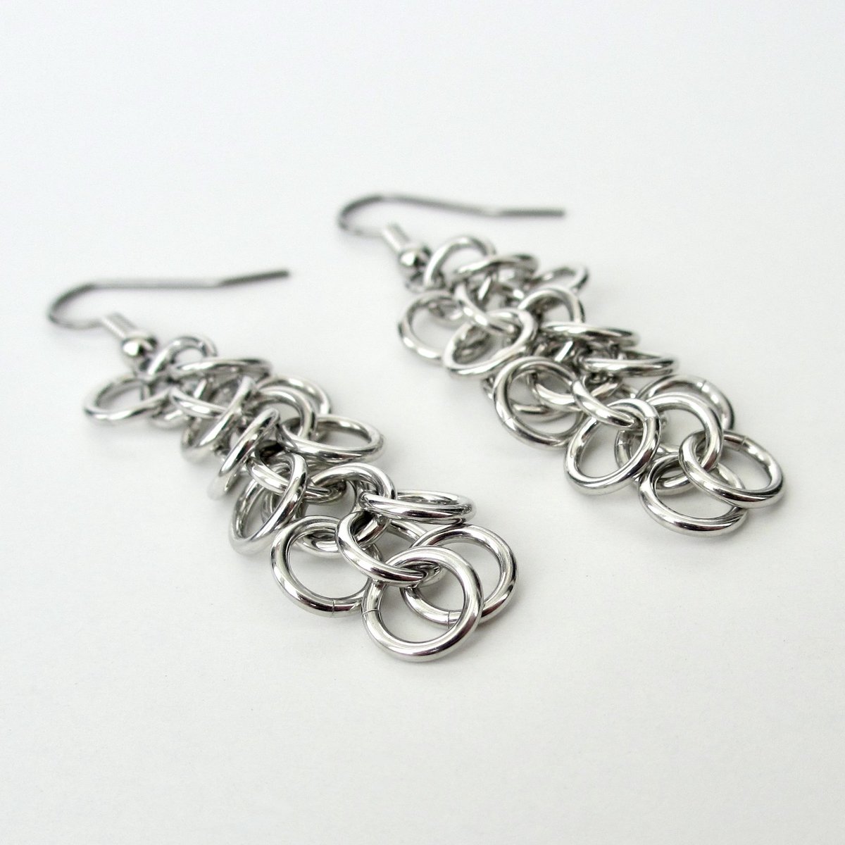 Silver aluminum chainmaille earrings, Shaggy Loops weave