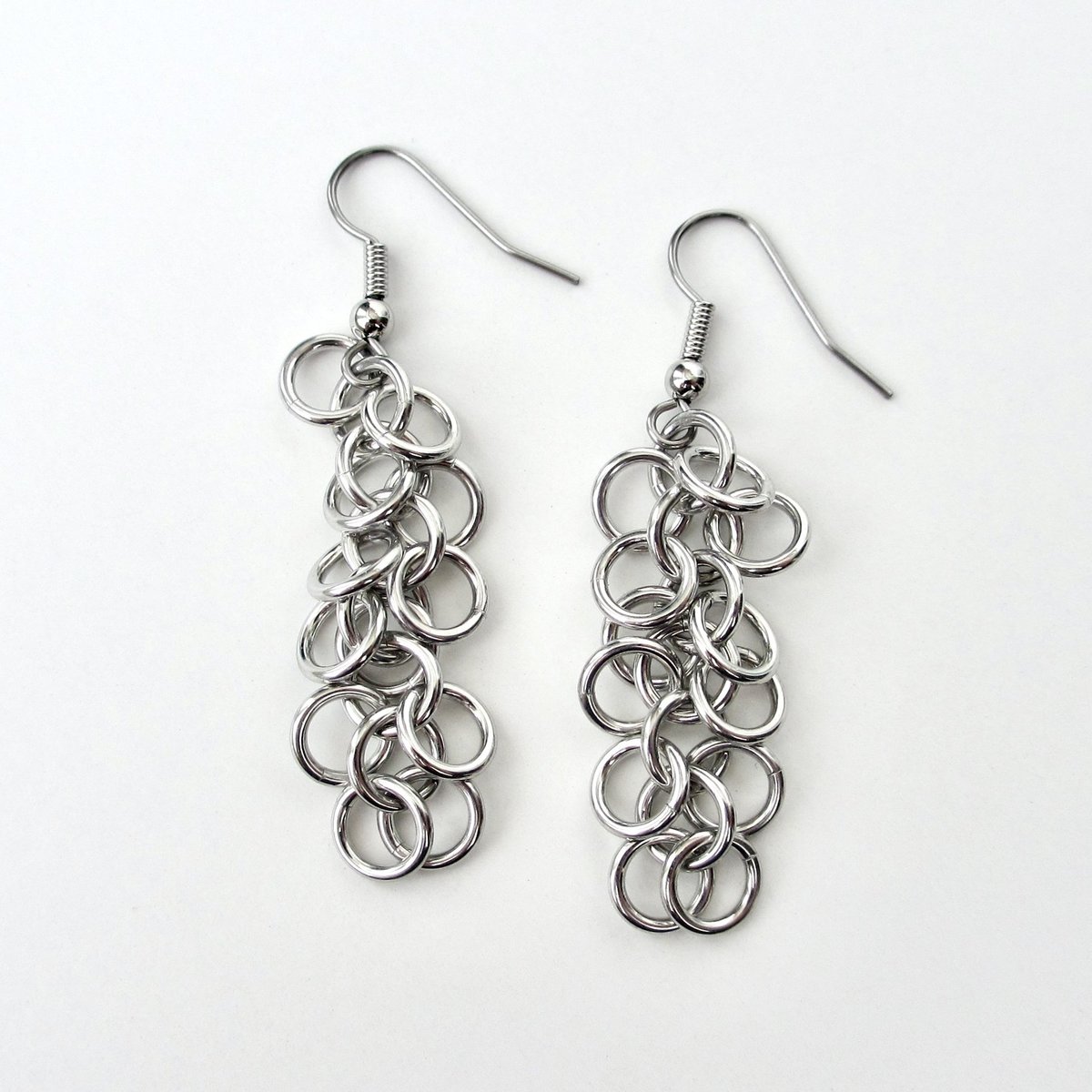 Silver aluminum chainmaille earrings, Shaggy Loops weave