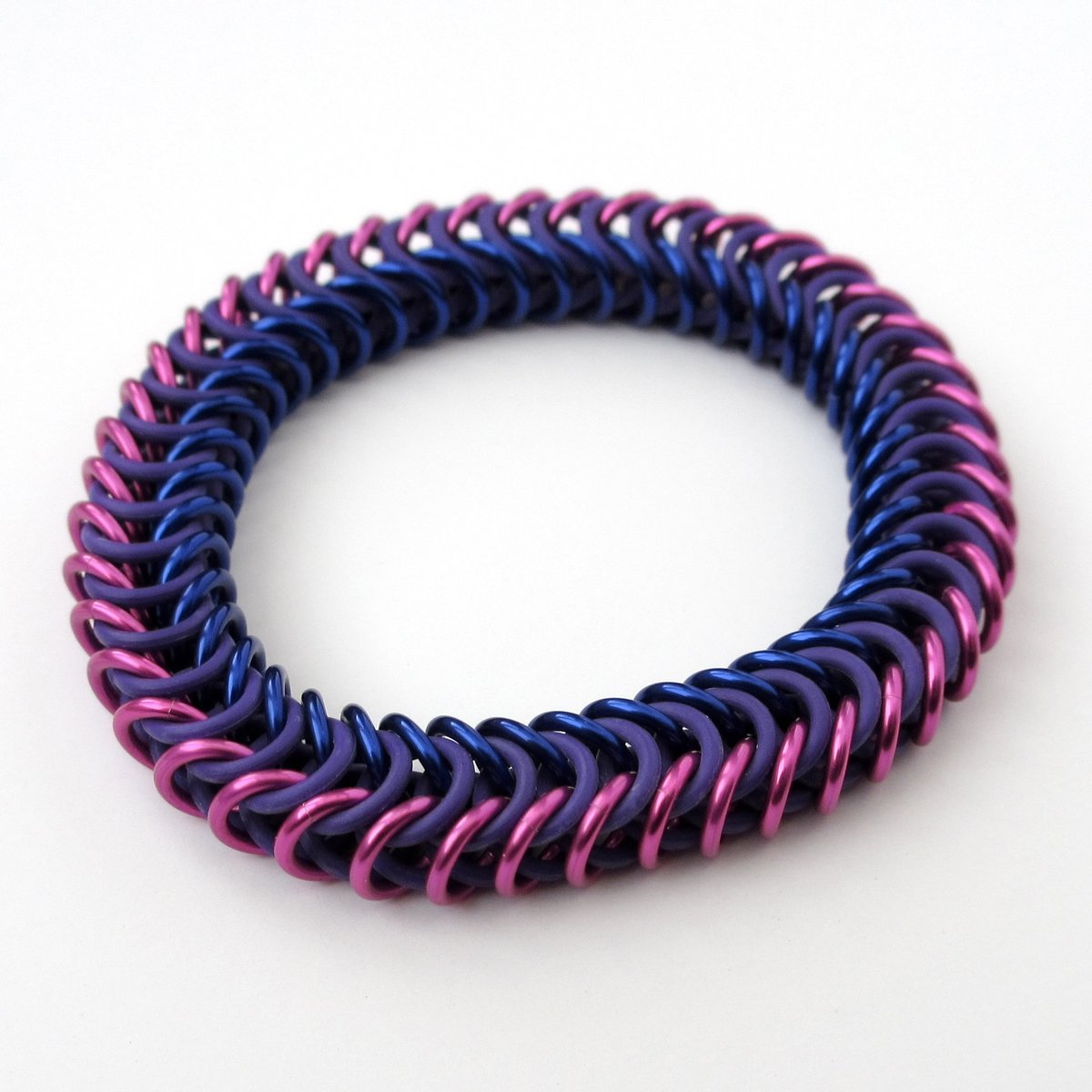 Bi pride chainmaille bracelet, stretchy box chain, bisexual jewelry; pink, purple, and blue