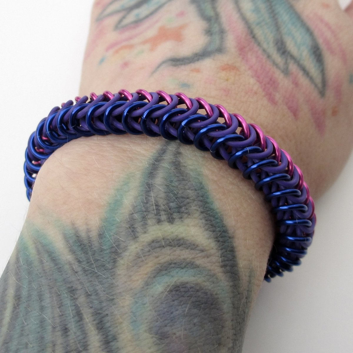 Bi pride chainmaille bracelet, stretchy box chain, bisexual jewelry; pink, purple, and blue