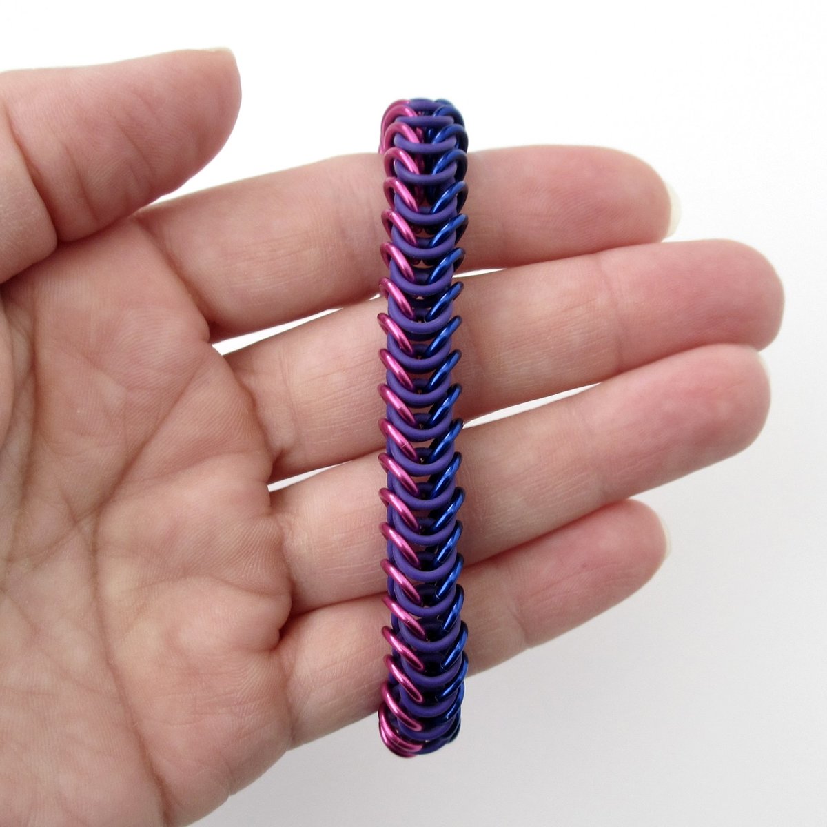 Bi pride chainmaille bracelet, stretchy box chain, bisexual jewelry; pink, purple, and blue