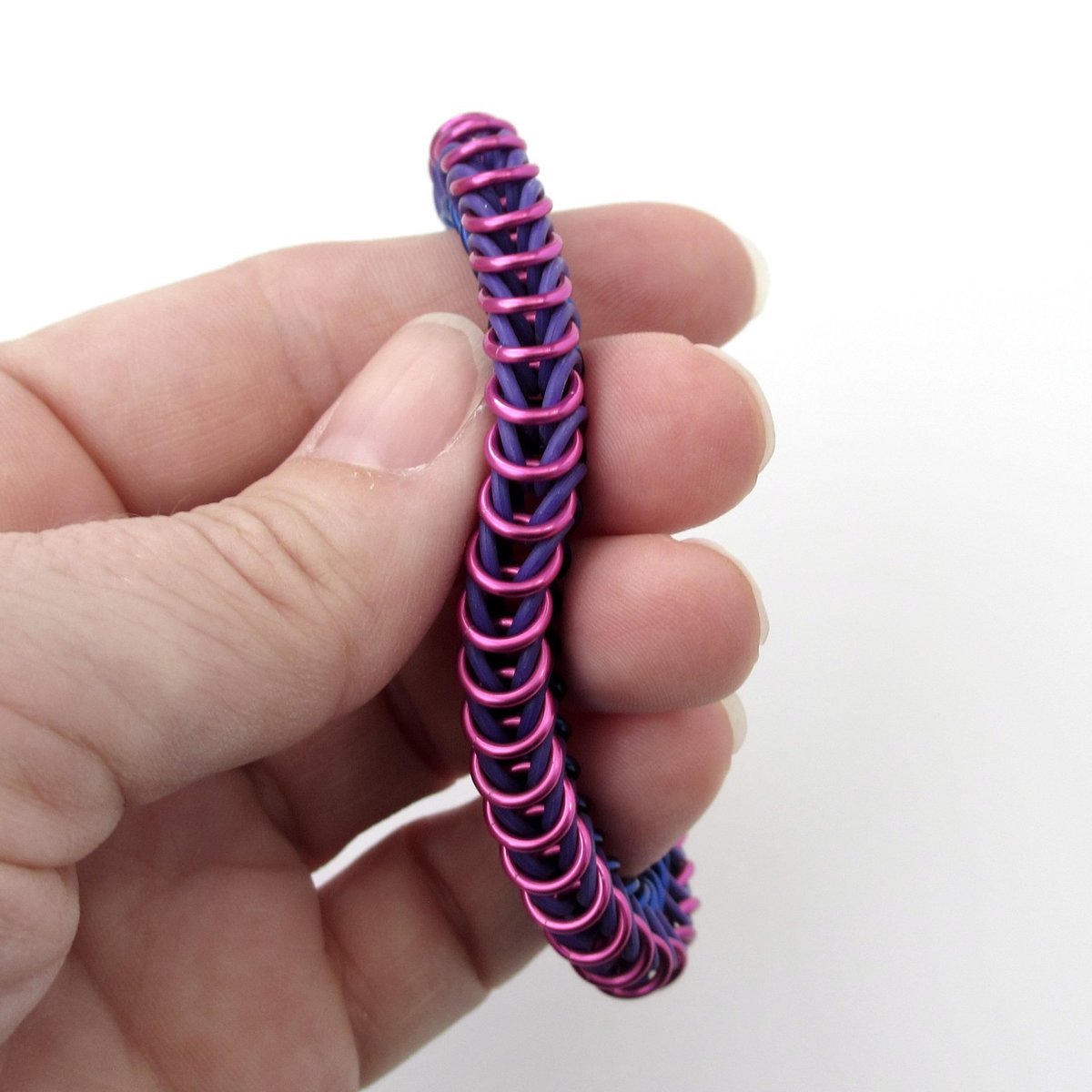 Bi pride chainmaille bracelet, stretchy box chain, bisexual jewelry; pink, purple, and blue