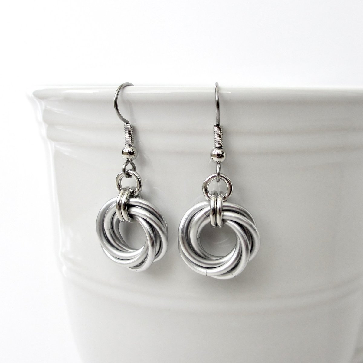 Classic silver aluminum earrings, chainmail love knot - everyday wear, lightweight and non-tarnish