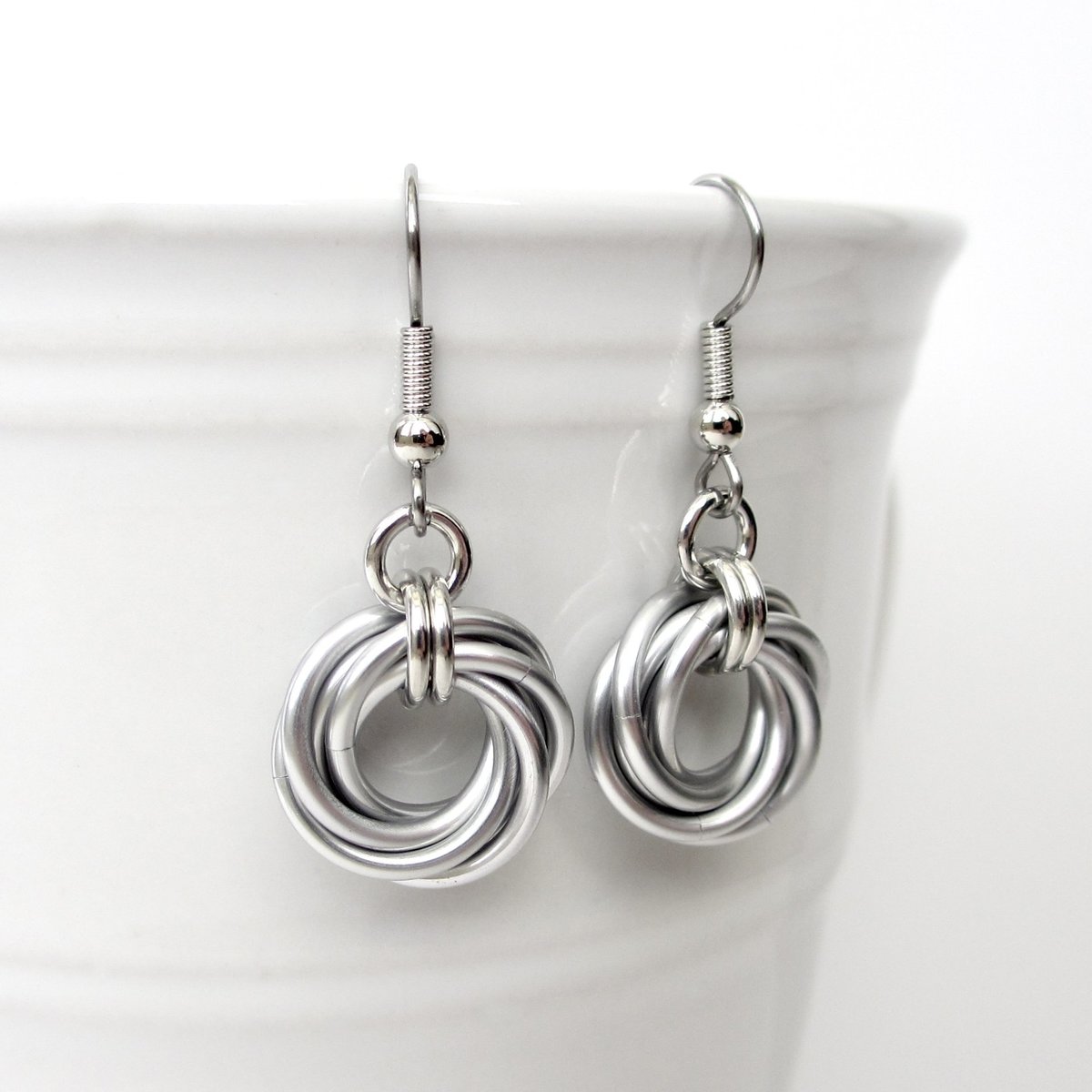 Classic silver aluminum earrings, chainmail love knot - everyday wear, lightweight and non-tarnish