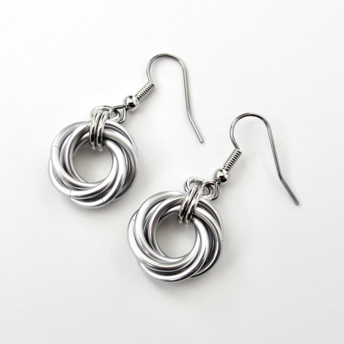 Classic silver aluminum earrings, chainmail love knot - everyday wear, lightweight and non-tarnish