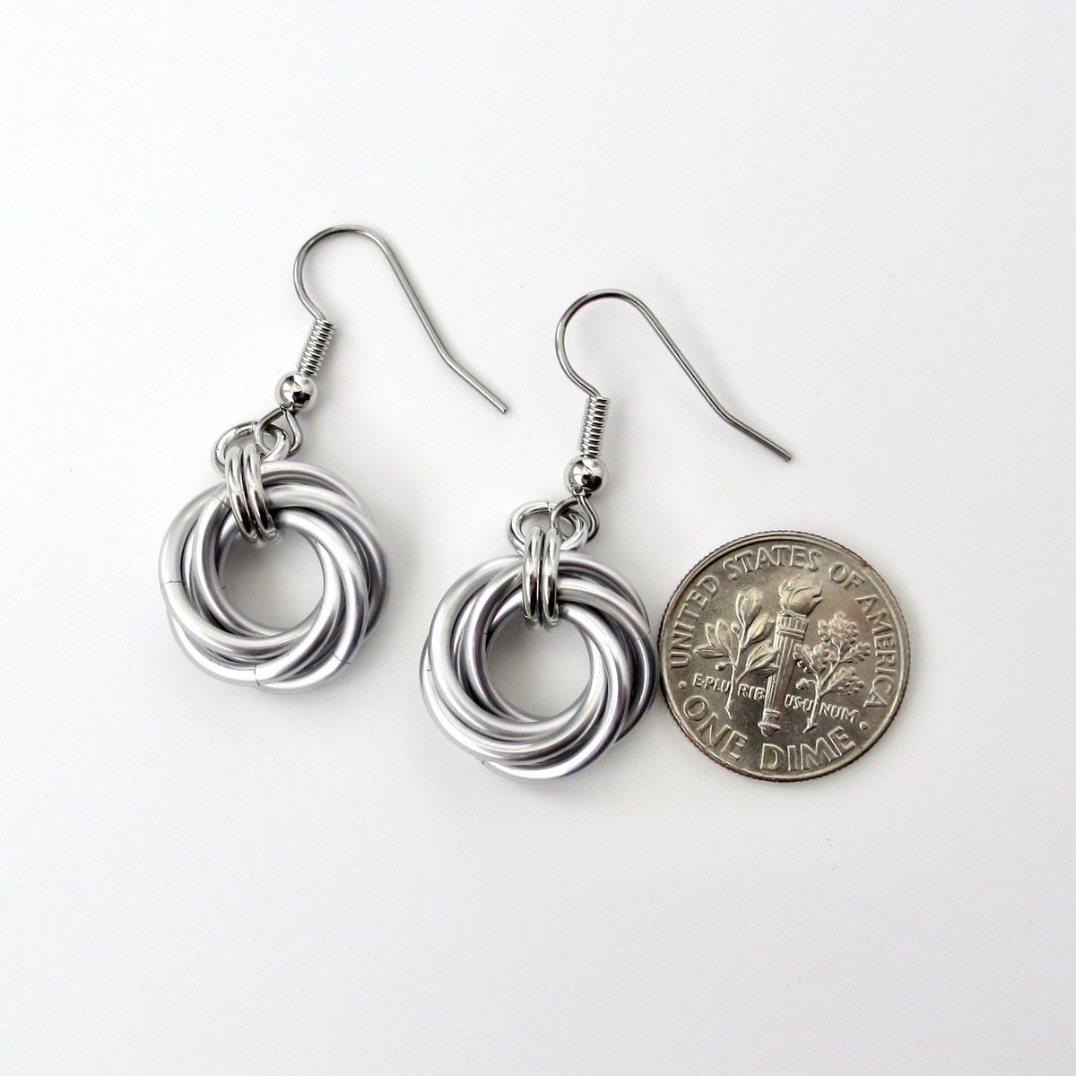 Classic silver aluminum earrings, chainmail love knot - everyday wear, lightweight and non-tarnish