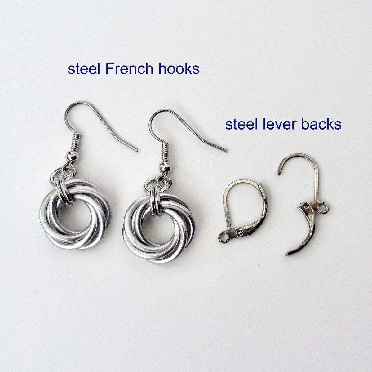 Classic silver aluminum earrings, chainmail love knot - everyday wear, lightweight and non-tarnish