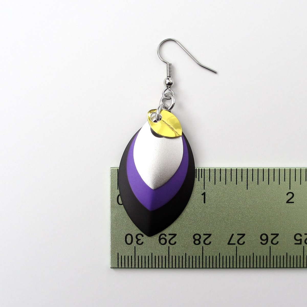 Nonbinary pride earrings, chainmail scales earrings; yellow white purple black