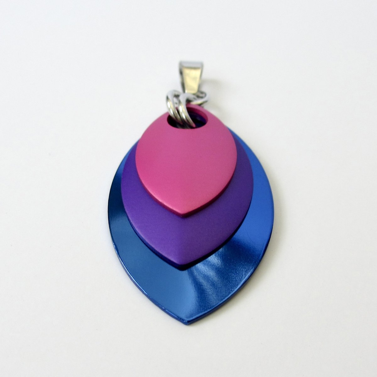 Bisexual pride jewelry, chainmail scale pendant, pink purple blue