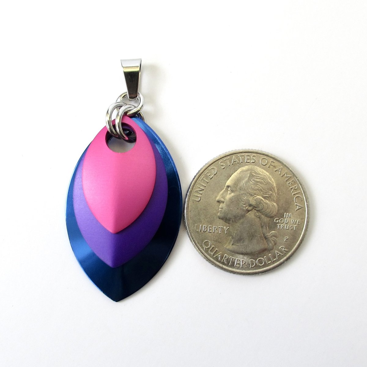 Bisexual pride jewelry, chainmail scale pendant, pink purple blue