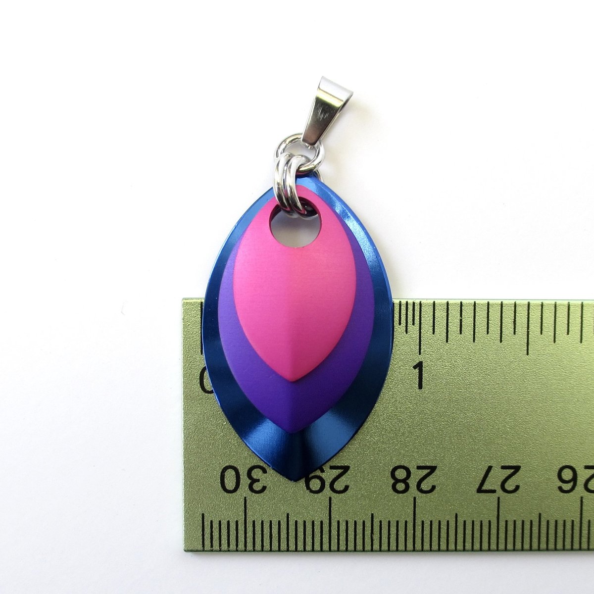Bisexual pride jewelry, chainmail scale pendant, pink purple blue