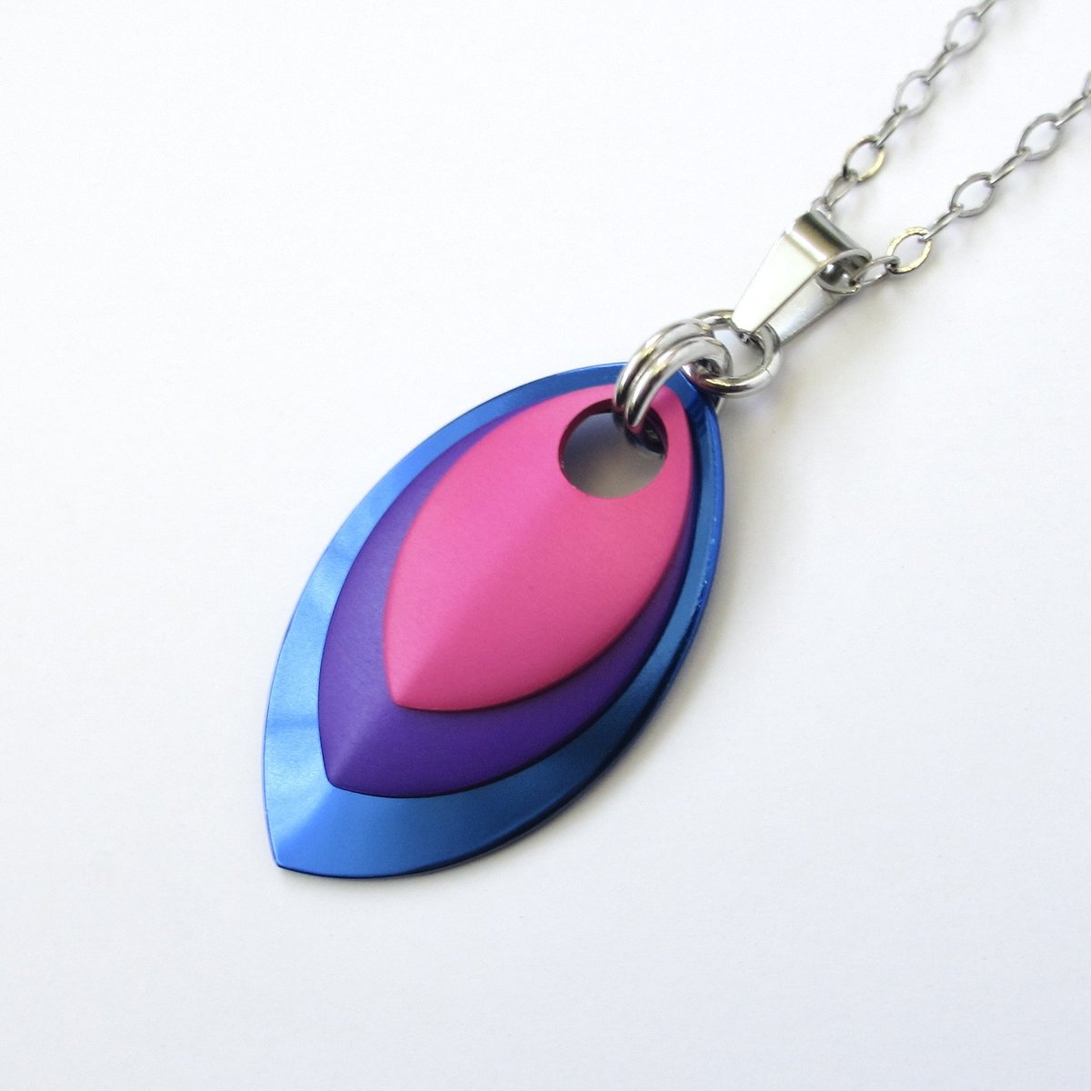 Bisexual pride jewelry, chainmail scale pendant, pink purple blue