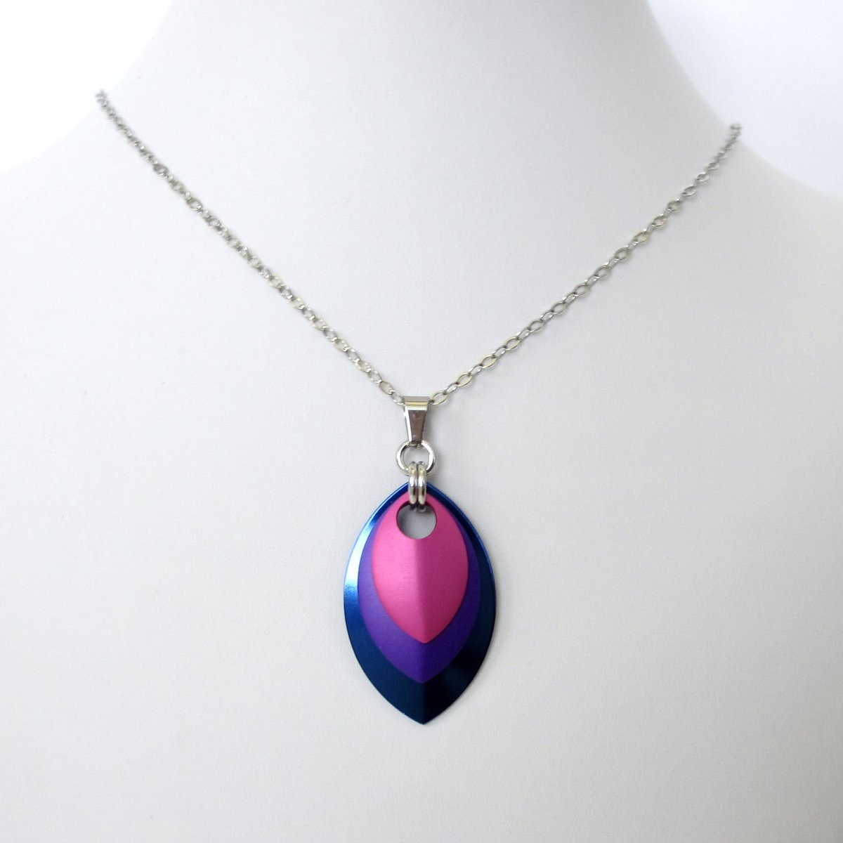 Bisexual pride jewelry, chainmail scale pendant, pink purple blue