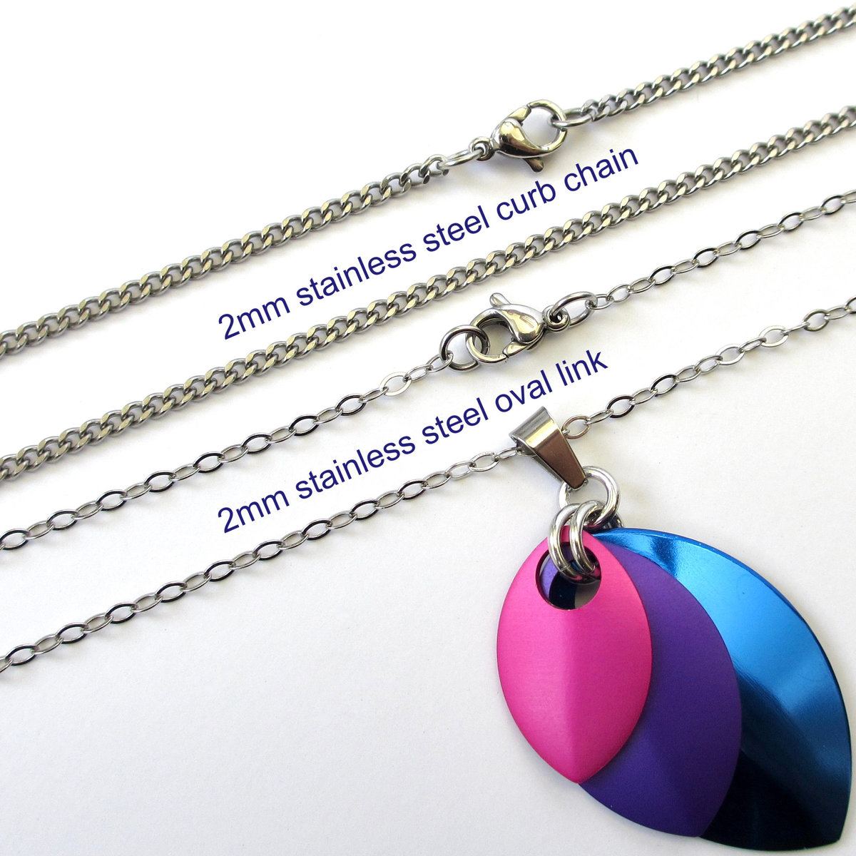 Bisexual pride jewelry, chainmail scale pendant, pink purple blue