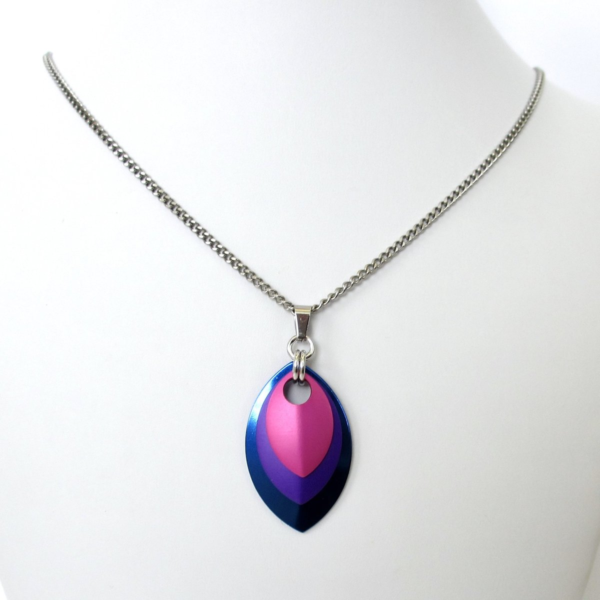 Bisexual pride jewelry, chainmail scale pendant, pink purple blue