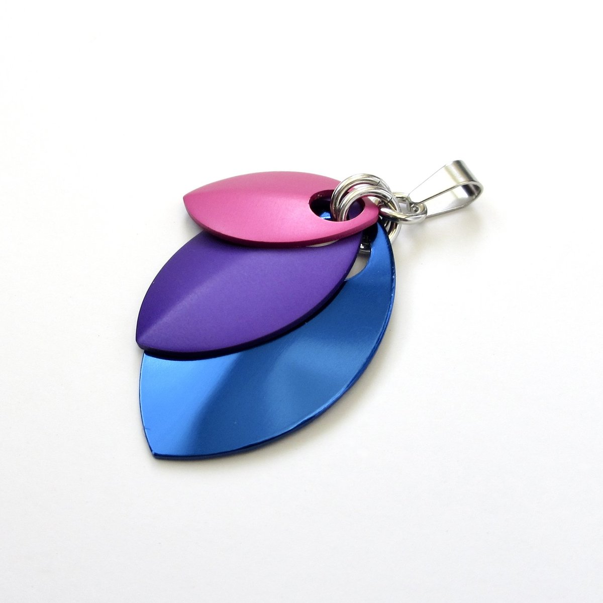Bisexual pride jewelry, chainmail scale pendant, pink purple blue