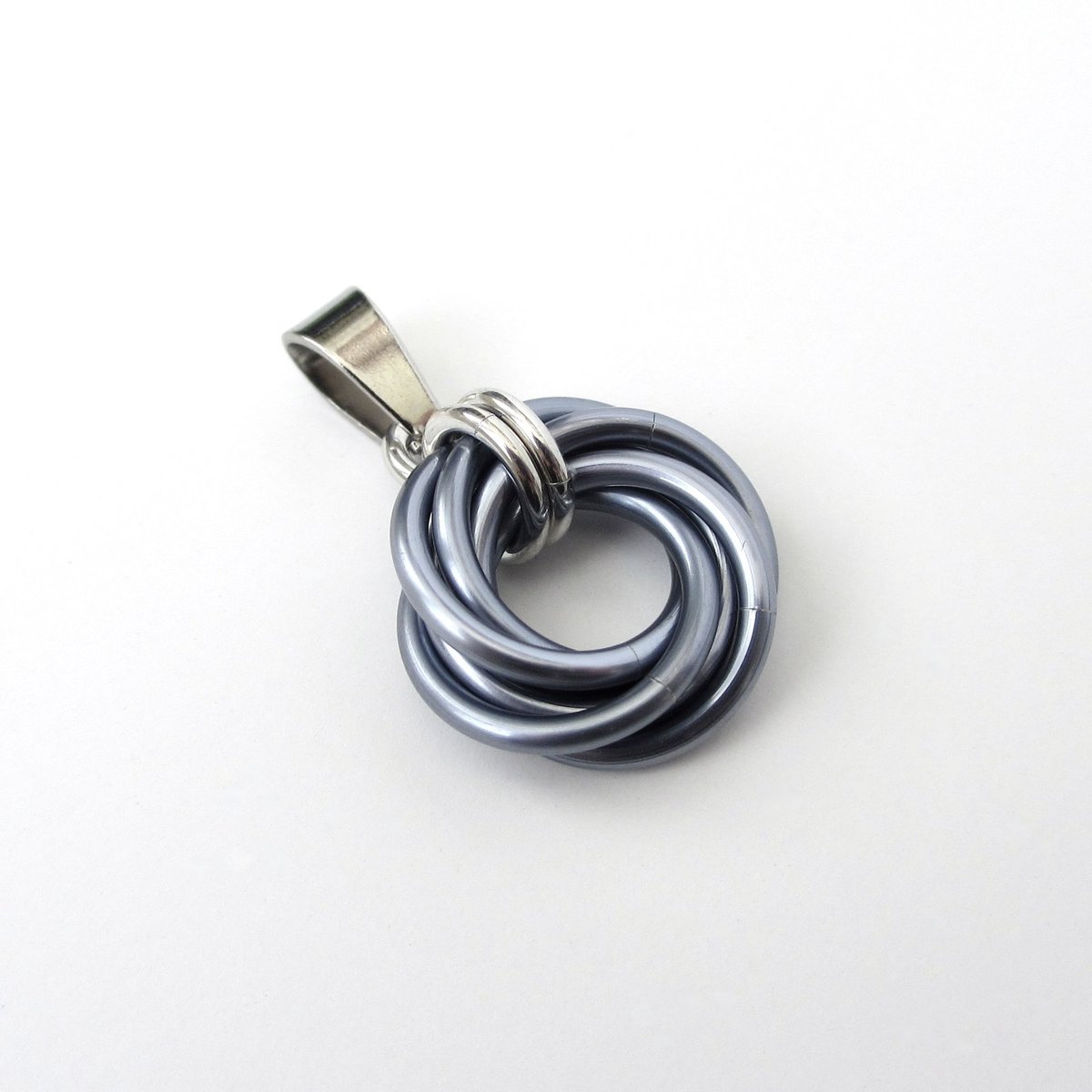Gray pendant necklace, chainmail love knot, small circle minimalist jewelry