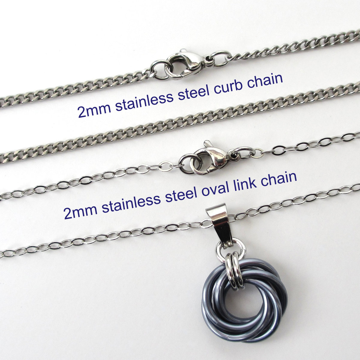Gray pendant necklace, chainmail love knot, small circle minimalist jewelry