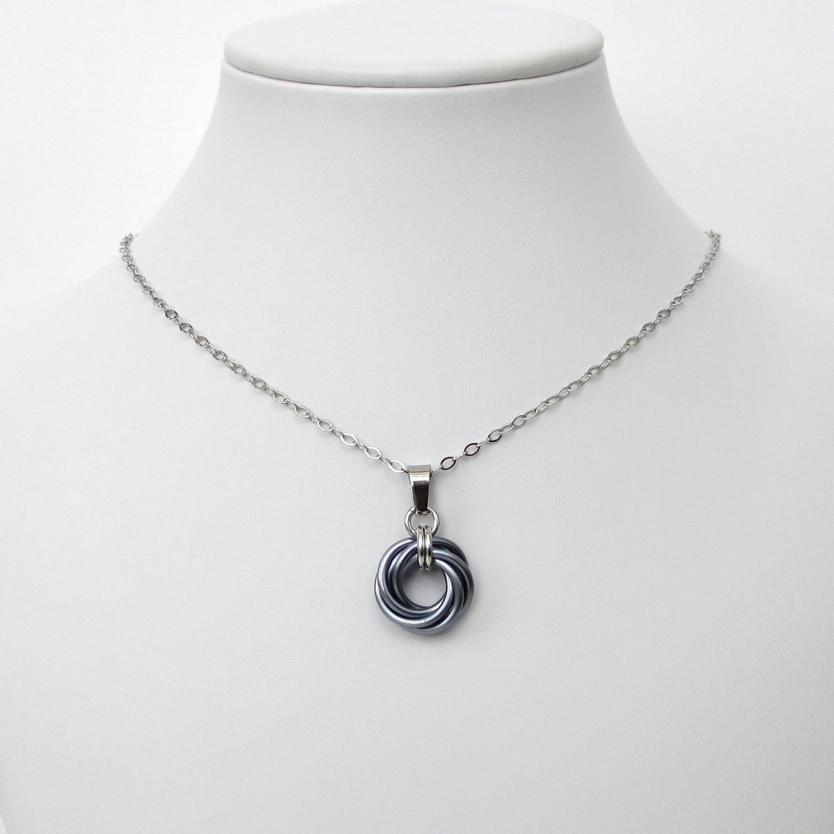 Gray pendant necklace, chainmail love knot, small circle minimalist jewelry