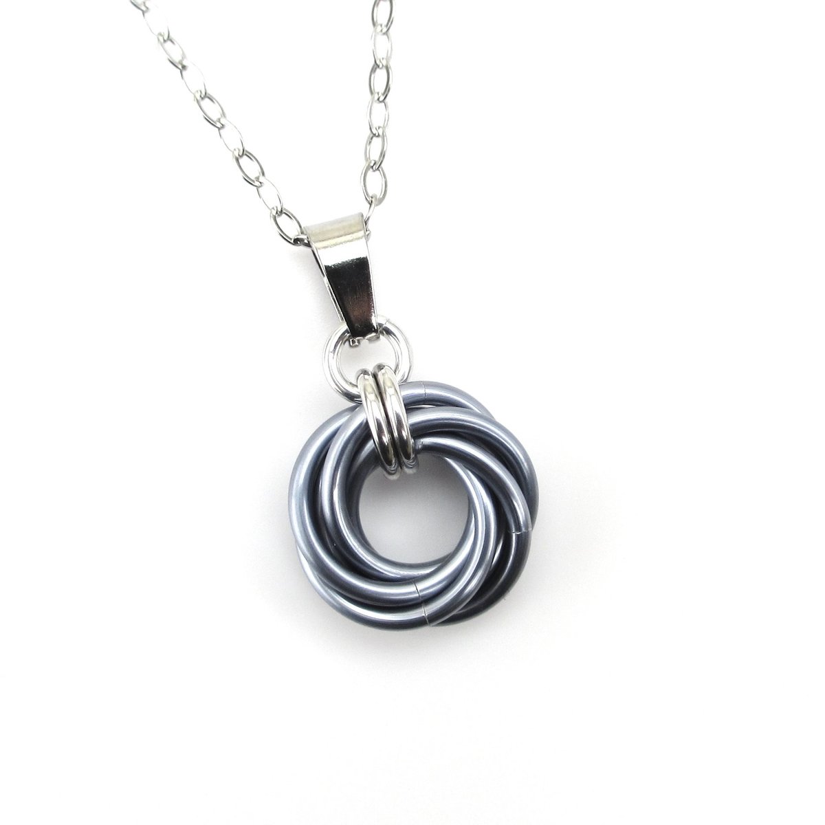 Gray pendant necklace, chainmail love knot, small circle minimalist jewelry